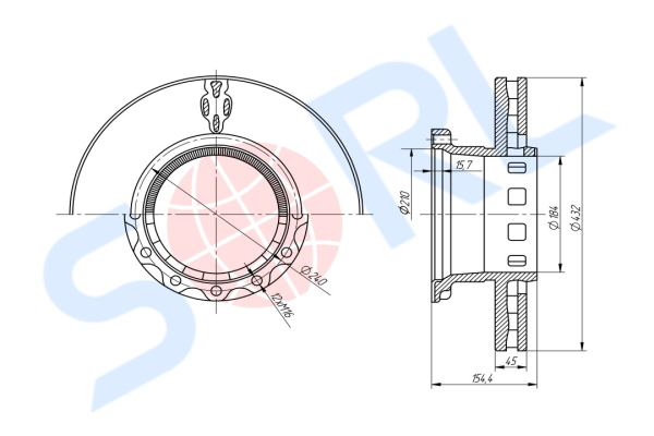Диск тормозной 432/210x45/154.4 n12-240-M16x2 IVECO (2995812) (SORL)